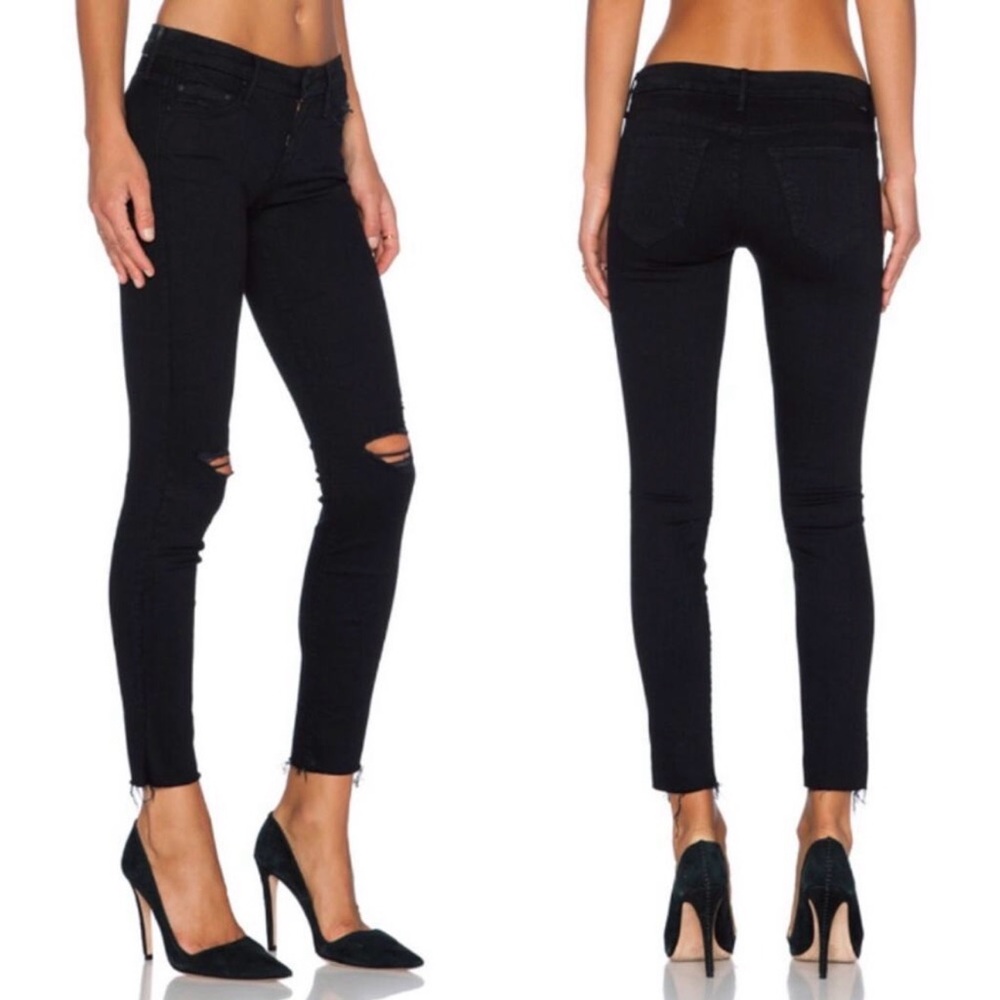 MOTHER Women's Distressed Black Jeans “Looker Ankle Fray” Guilty As Sin